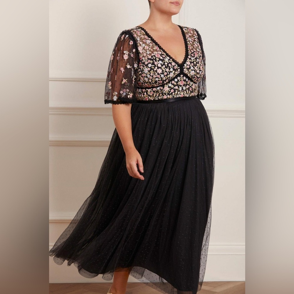 NWT - Needle & Thread Ribbon Bouquet Bodice Ankle Gown - Black